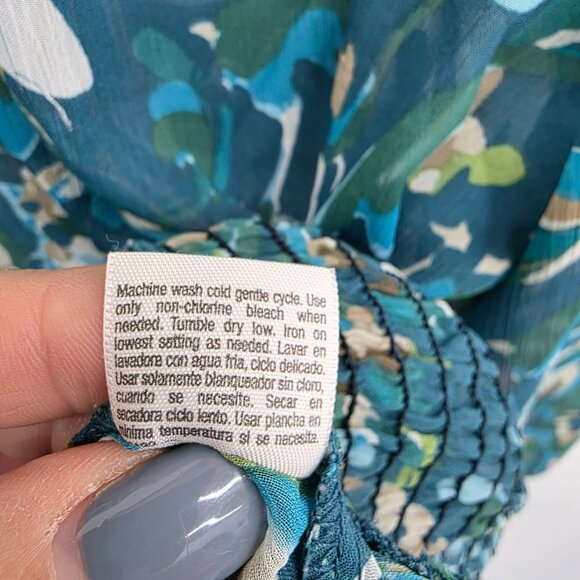 Womens PL Blue Green Sheer Blouse Ruffle Hem Smocked Boho Lightweight Top - Picture 12 of 15